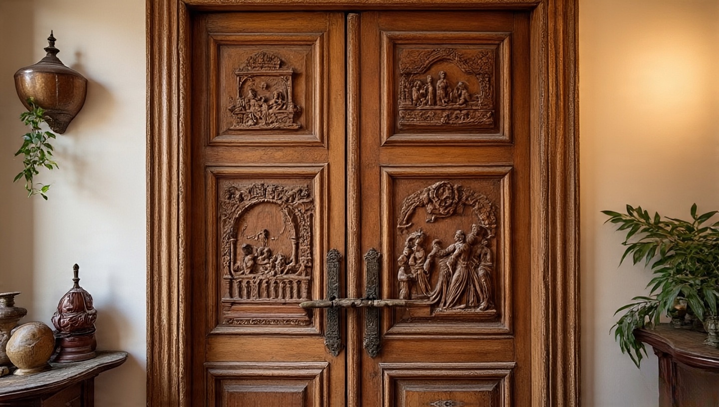 Antique carved wooden door hung as wall art with preserved patina