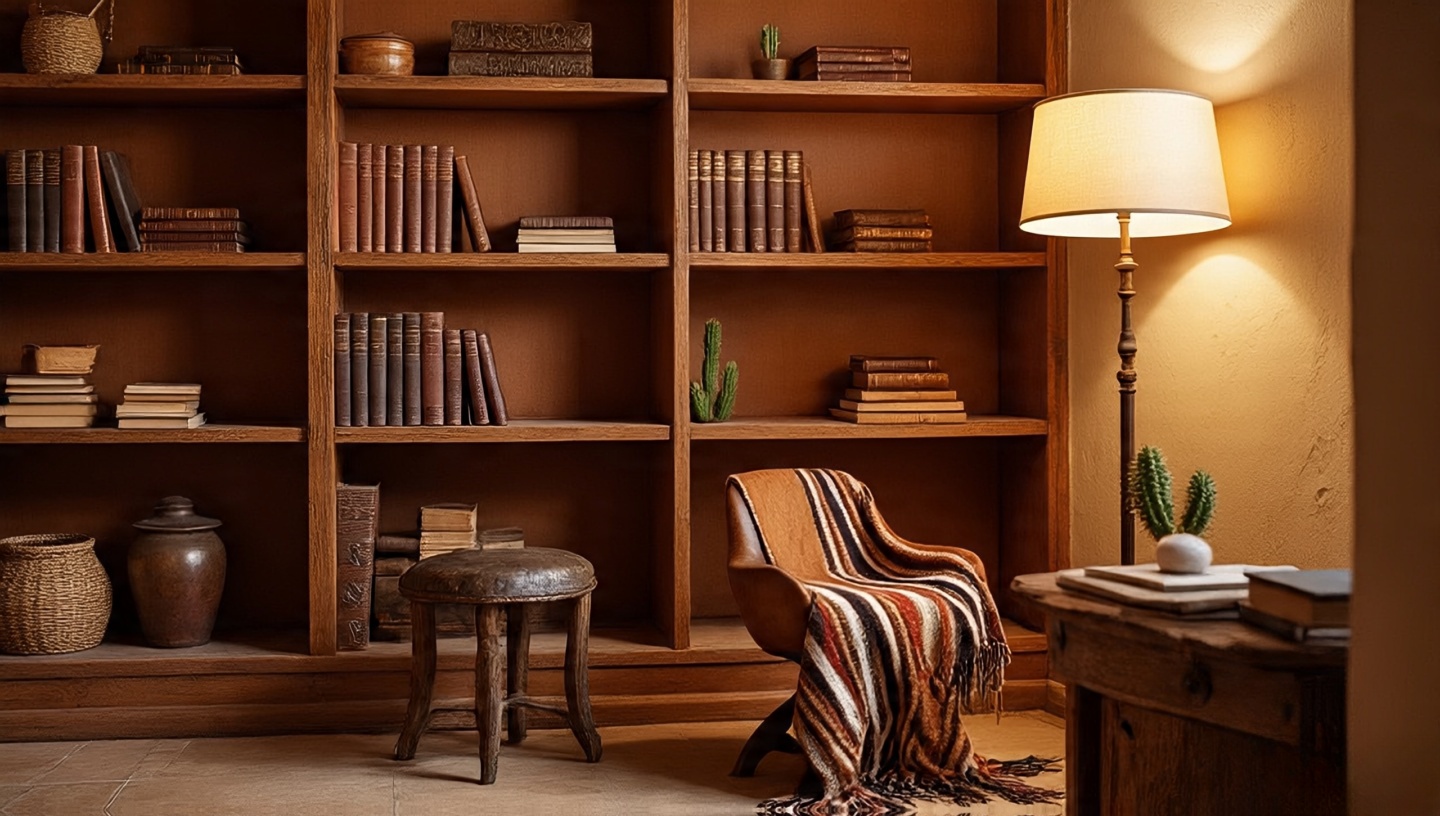 Cozy reading nook with leather chair, Navajo throw and rustic lamp for secluded relaxation