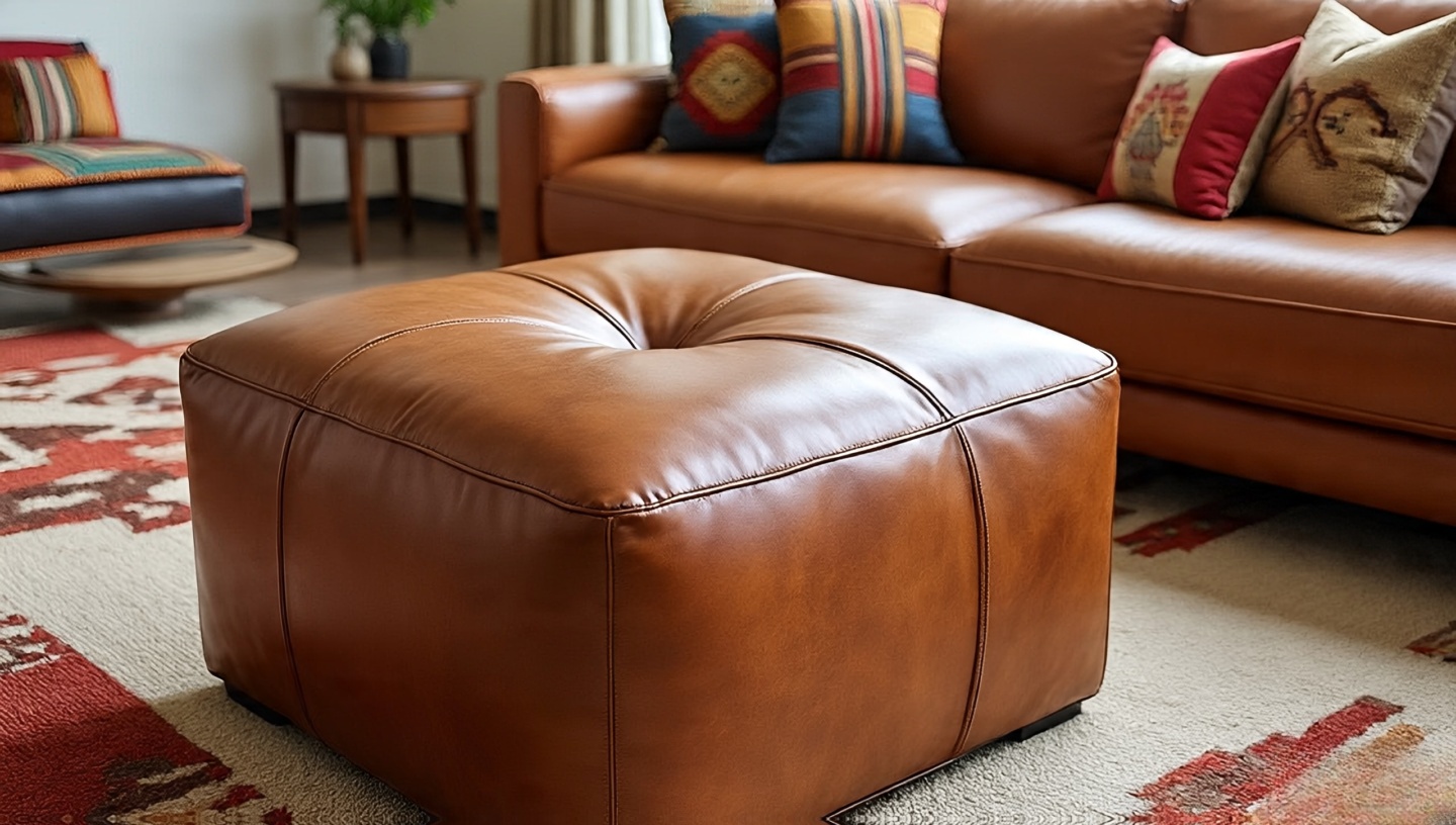 Round full-grain leather ottoman used as a coffee table and footrest in a Southwestern living room