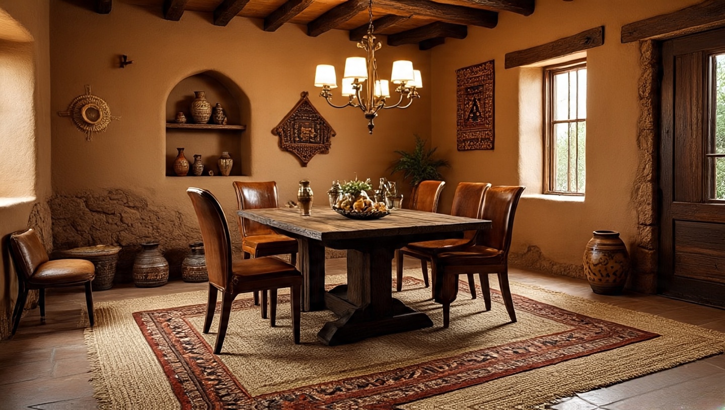 Dining room floor forward view showing layered rugs for added texture and coziness