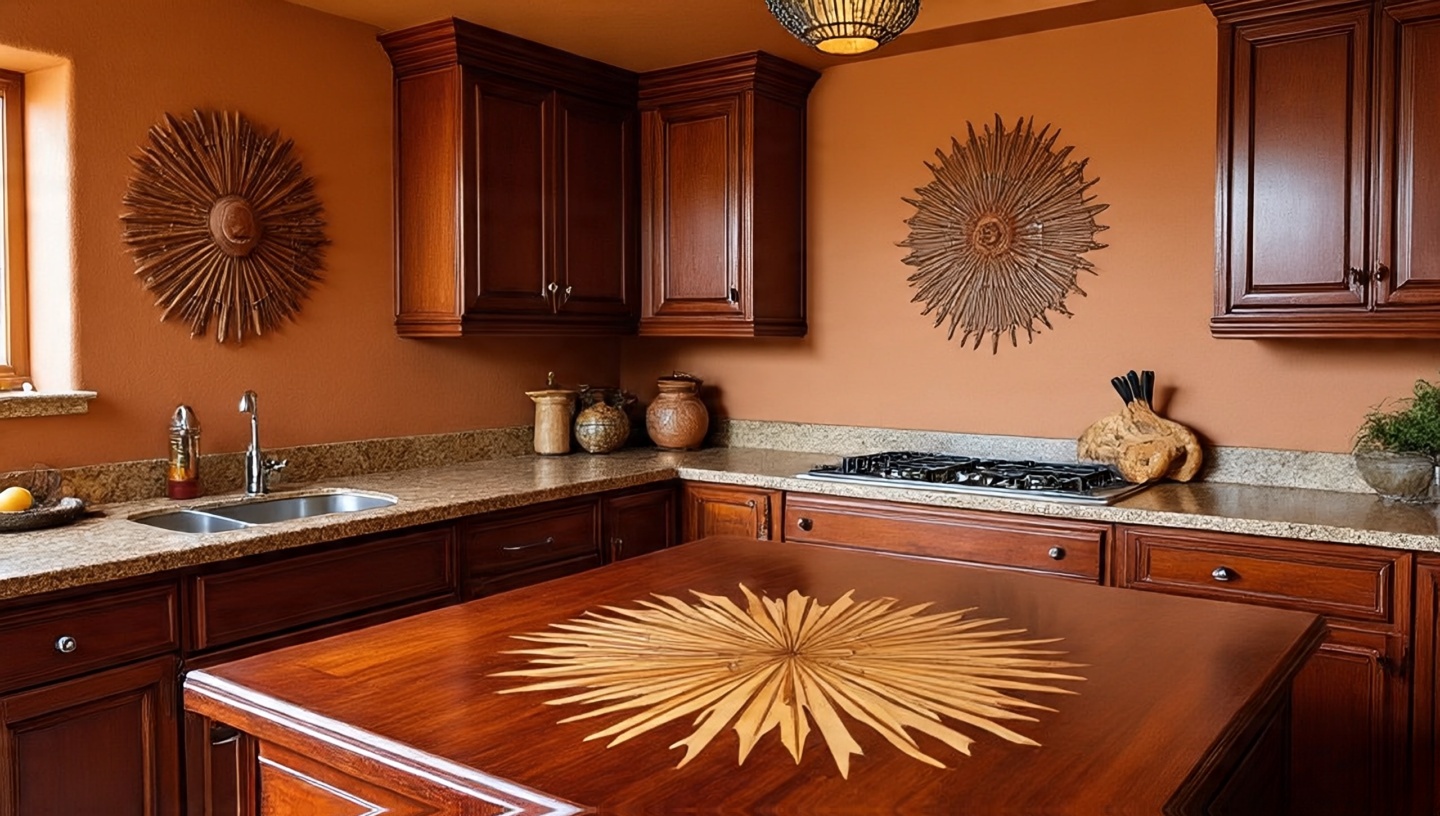 Sunburst design carved into a wooden cabinet door