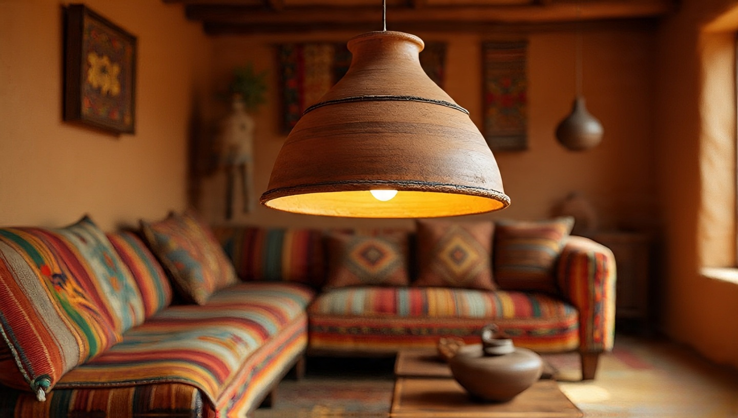 Clay dome pendant lights diffusing warm glow over dining table