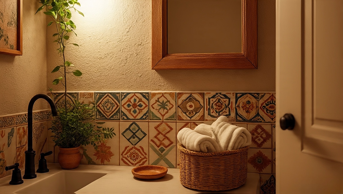 Southwestern bathroom details with patterned tiles, woven baskets and clay soap dishes