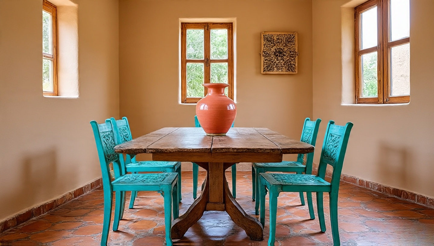 Dining room with painted accents in vibrant turquoise and coral colors