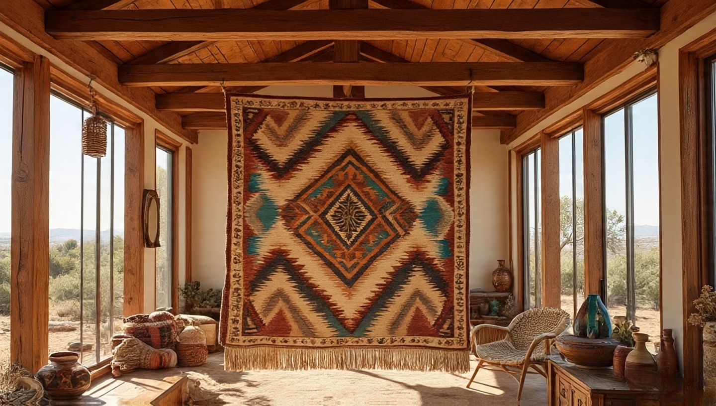 Southwestern rug suspended from the ceiling in a sunroom with exposed beams creating a cozy cocoon