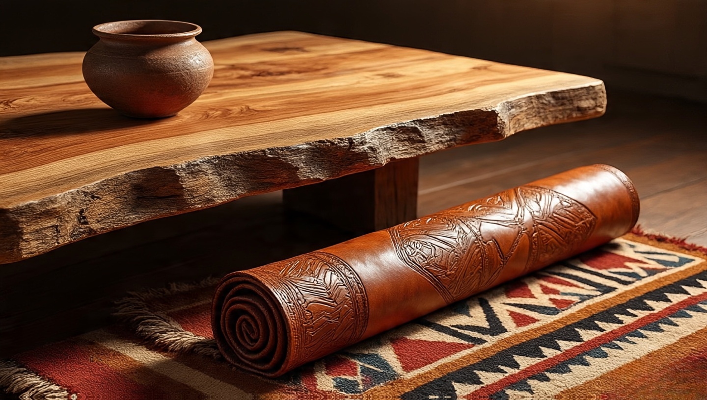 Close-up of mesquite slab, carved pine, full-grain leather, and folded Navajo wool rug