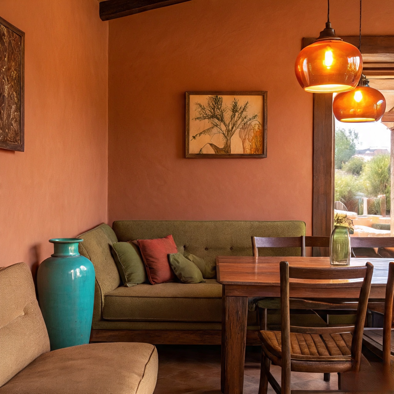 Warm 2700K lighting enriching terracotta, adobe pink, turquoise, and sage green in a Southwestern palette