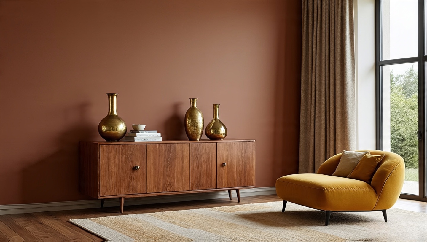 Clay accent wall, walnut credenza, mustard mid-century chair, and sandy rug showcasing an earthy tones living room palette