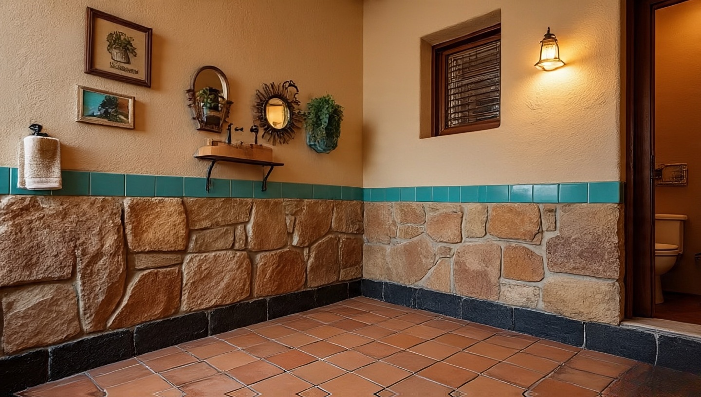 Southwestern bathroom color palette with terracotta, sandstone neutrals, turquoise accents, and charcoal contrast