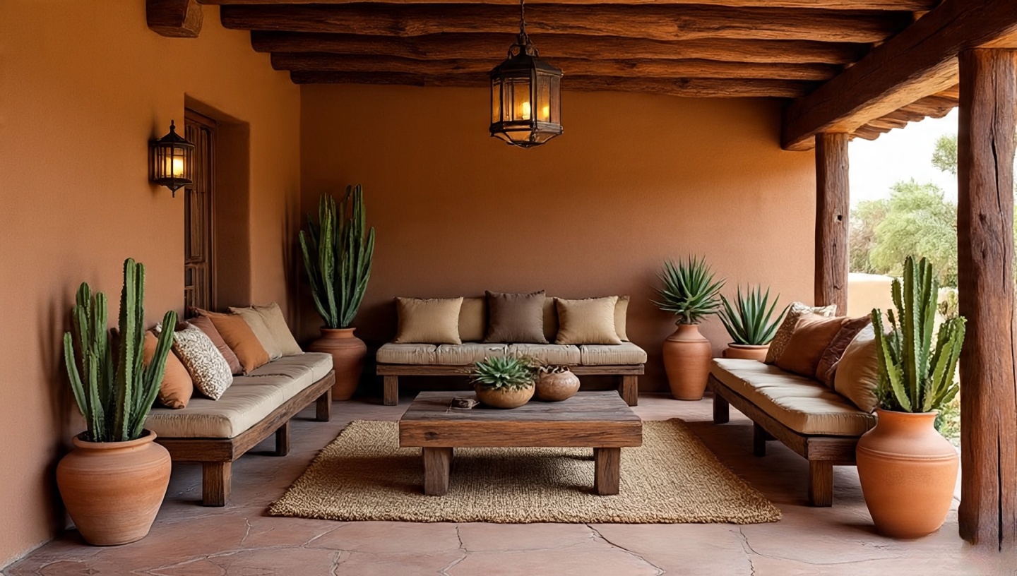 Outdoor living room on a covered patio with low wooden benches, woven rug, adobe wall, terracotta planters, and iron lanterns