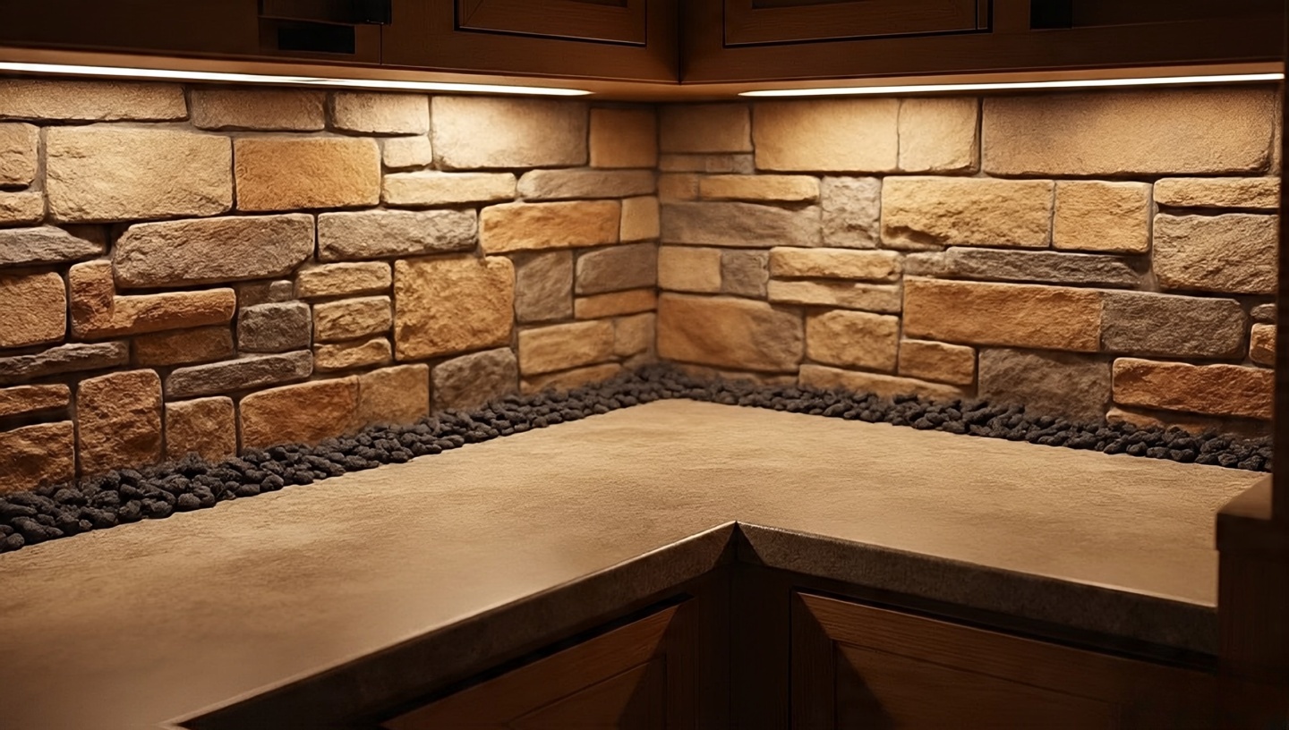 Southwestern kitchen corner with lava rock-inspired accent, rustic stone surfaces, and warm earthy backsplash evoking calm desert nights