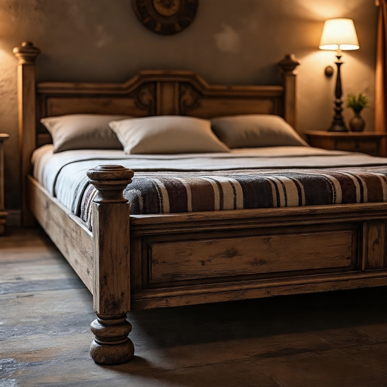 Rustic Southwestern bedroom with distressed wooden bed frame