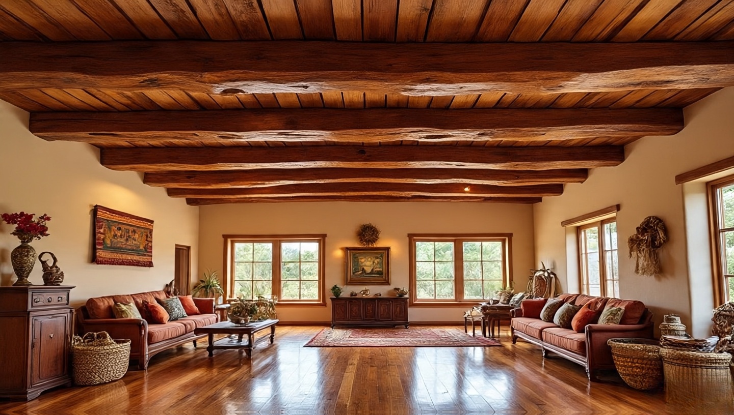 Southwestern living room with rustic exposed wooden ceiling beams against white textured walls
