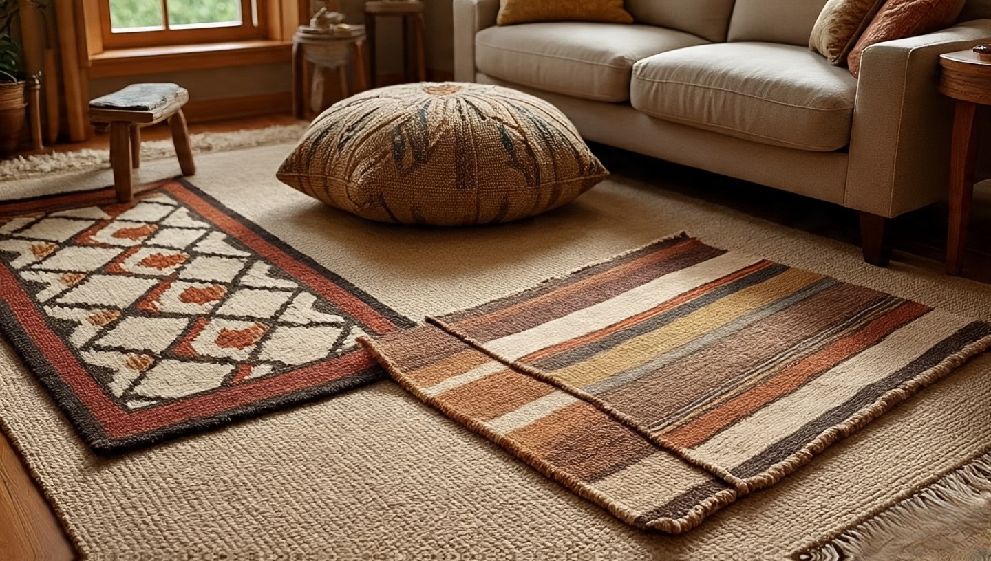 Navajo-inspired geometric patterned rug layered over jute rug in living room