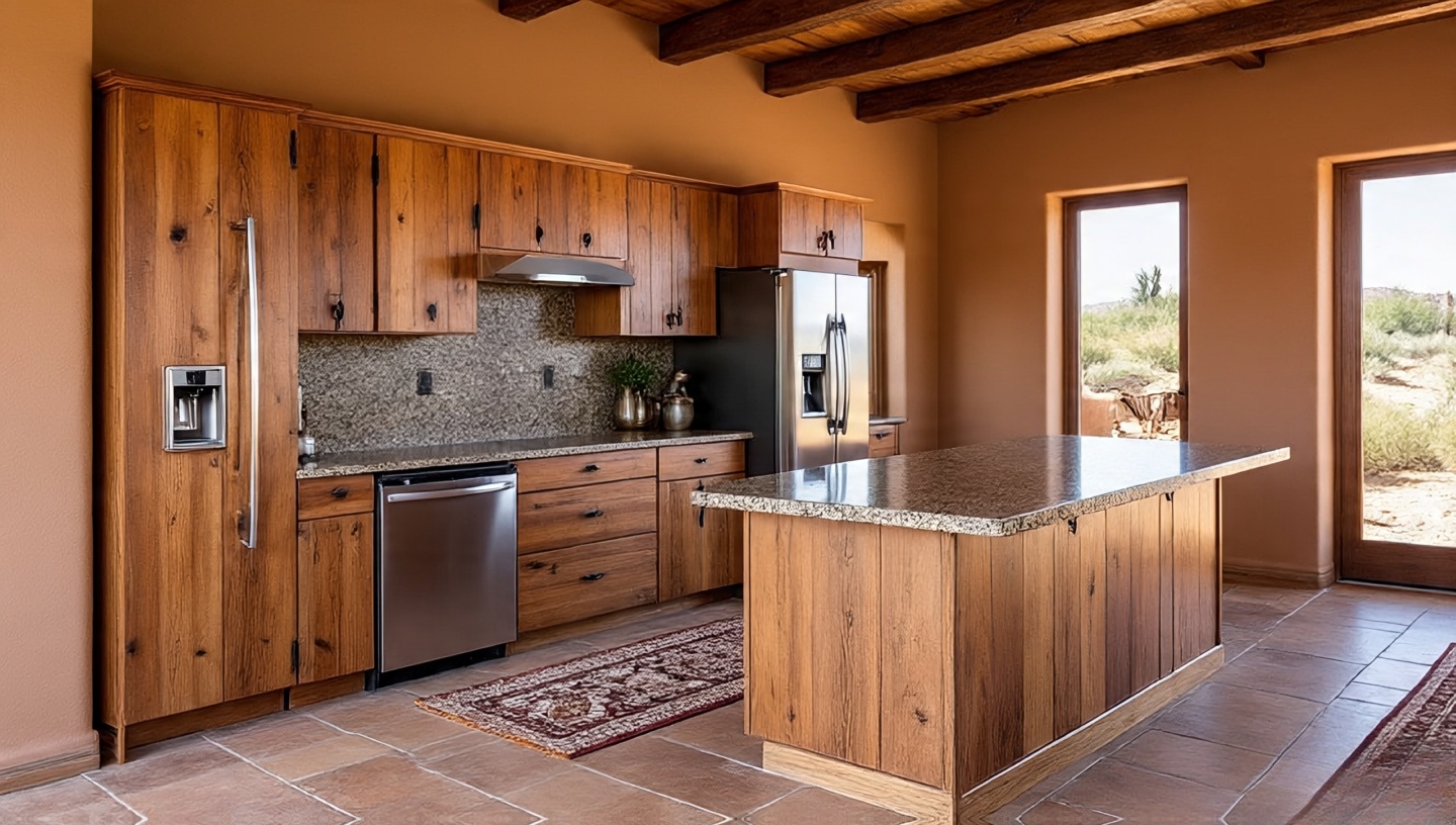 Panel-ready refrigerator hidden in rustic Southwestern wood cabinetry