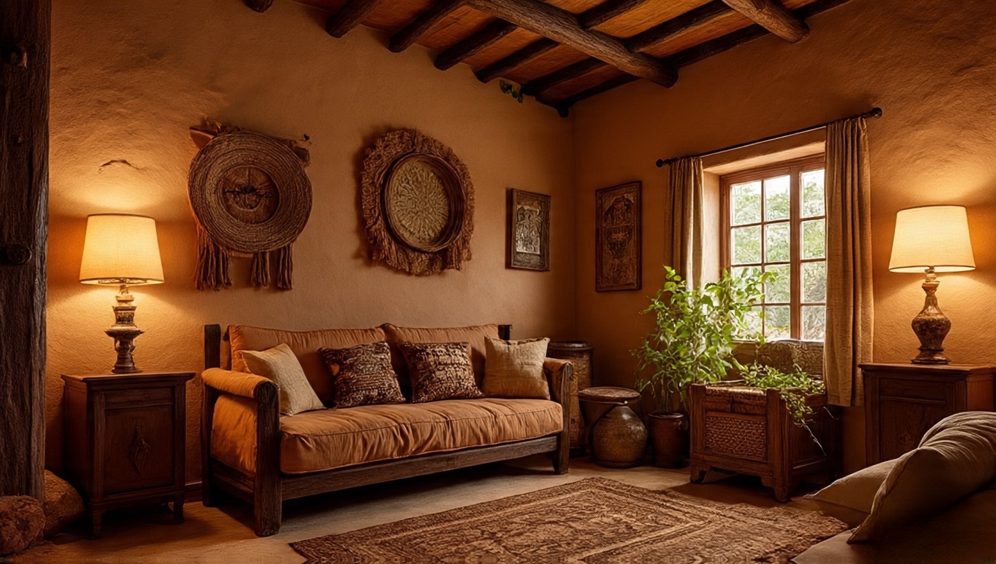 Layered warm lighting in a Southwestern room—sconces, table lamp, and fireplace grazing adobe-textured walls