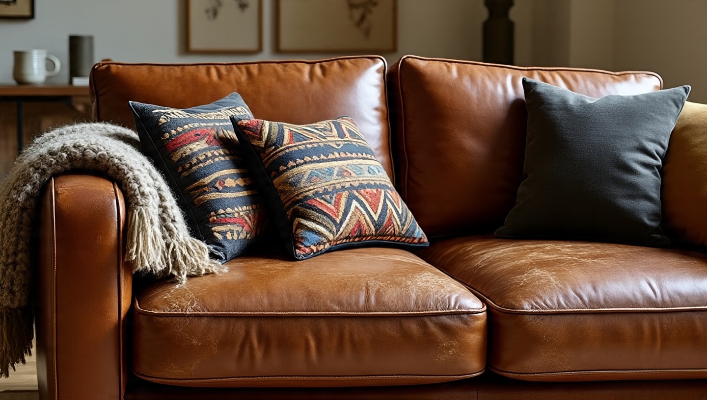 Aged rustic leather sofa with tribal print pillows and modern monochrome accents in Southwestern decor
