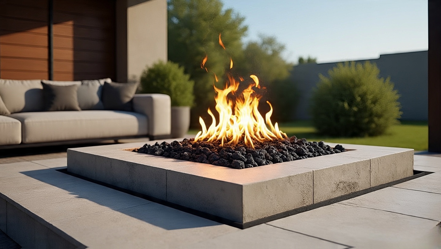 Close-up of sandstone and terracotta fire pit filled with black lava rocks and wrought iron trim