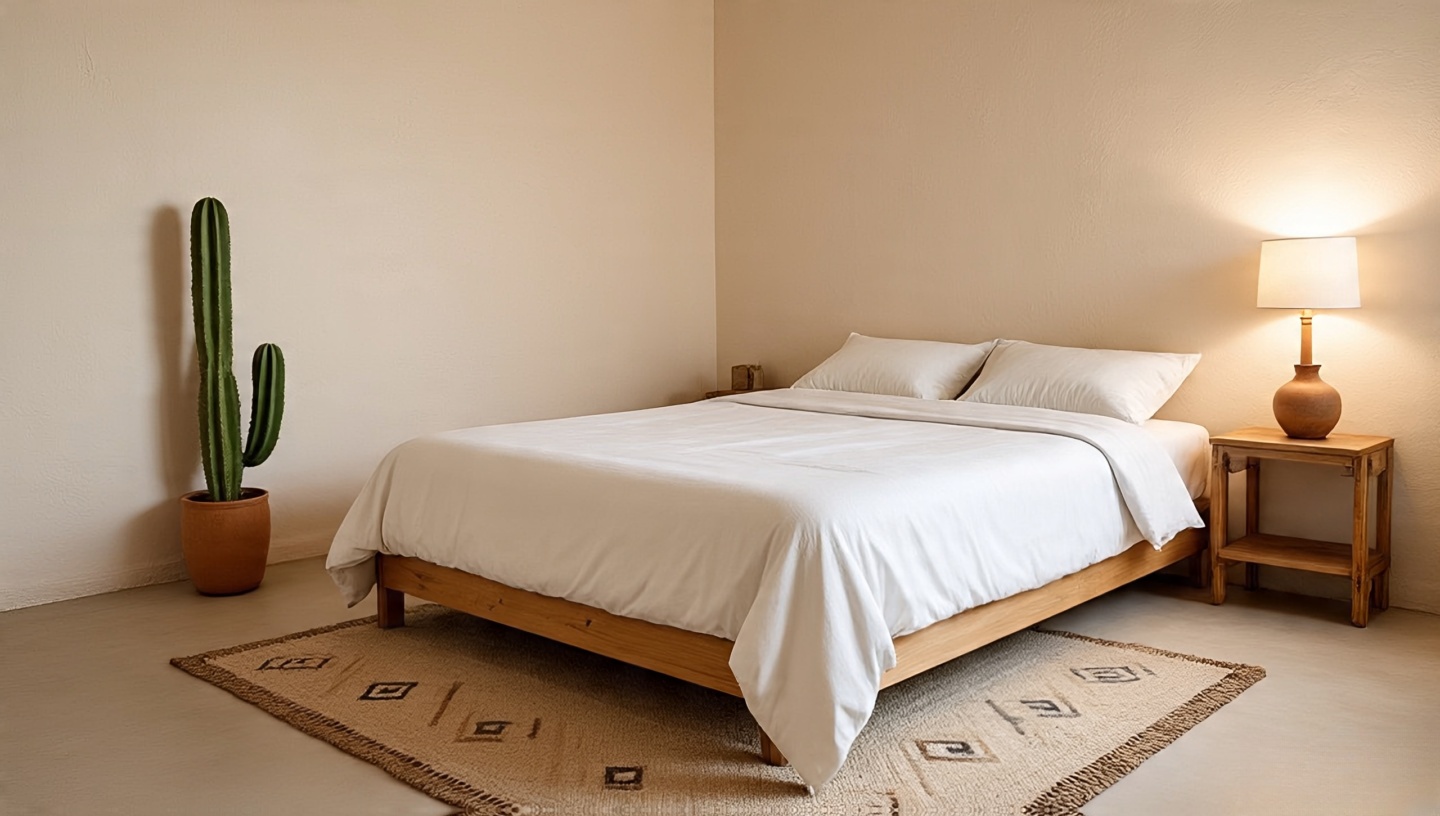 Minimalist desert bedroom with pale plaster walls, low wood bed and geometric woven rug