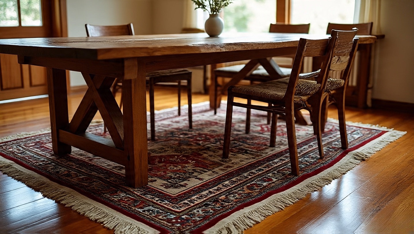 Navajo patterned rug under a wooden dining table in a Southwestern style room