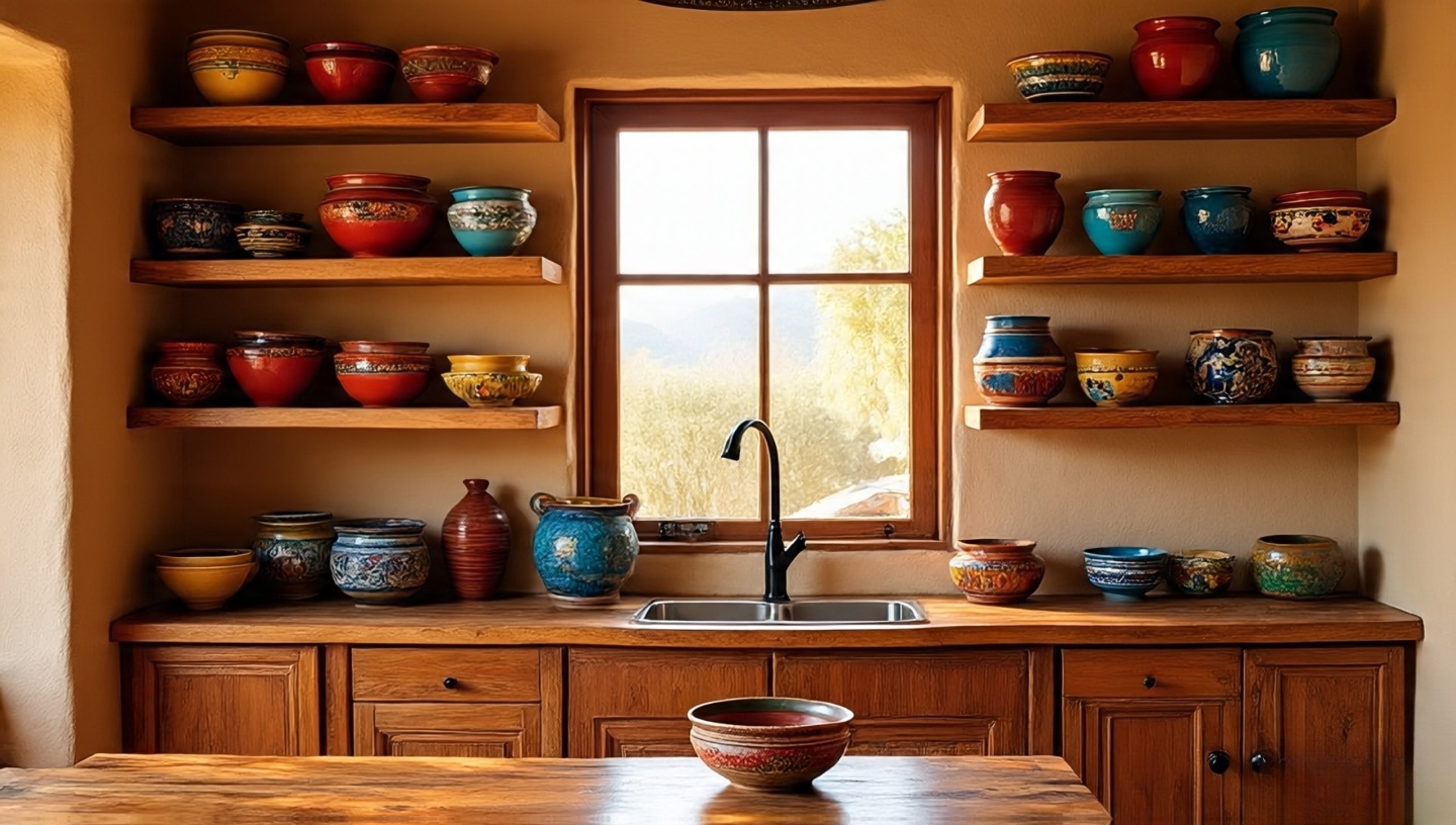 Open wooden shelves with colorful clay pottery in a Southwestern kitchen