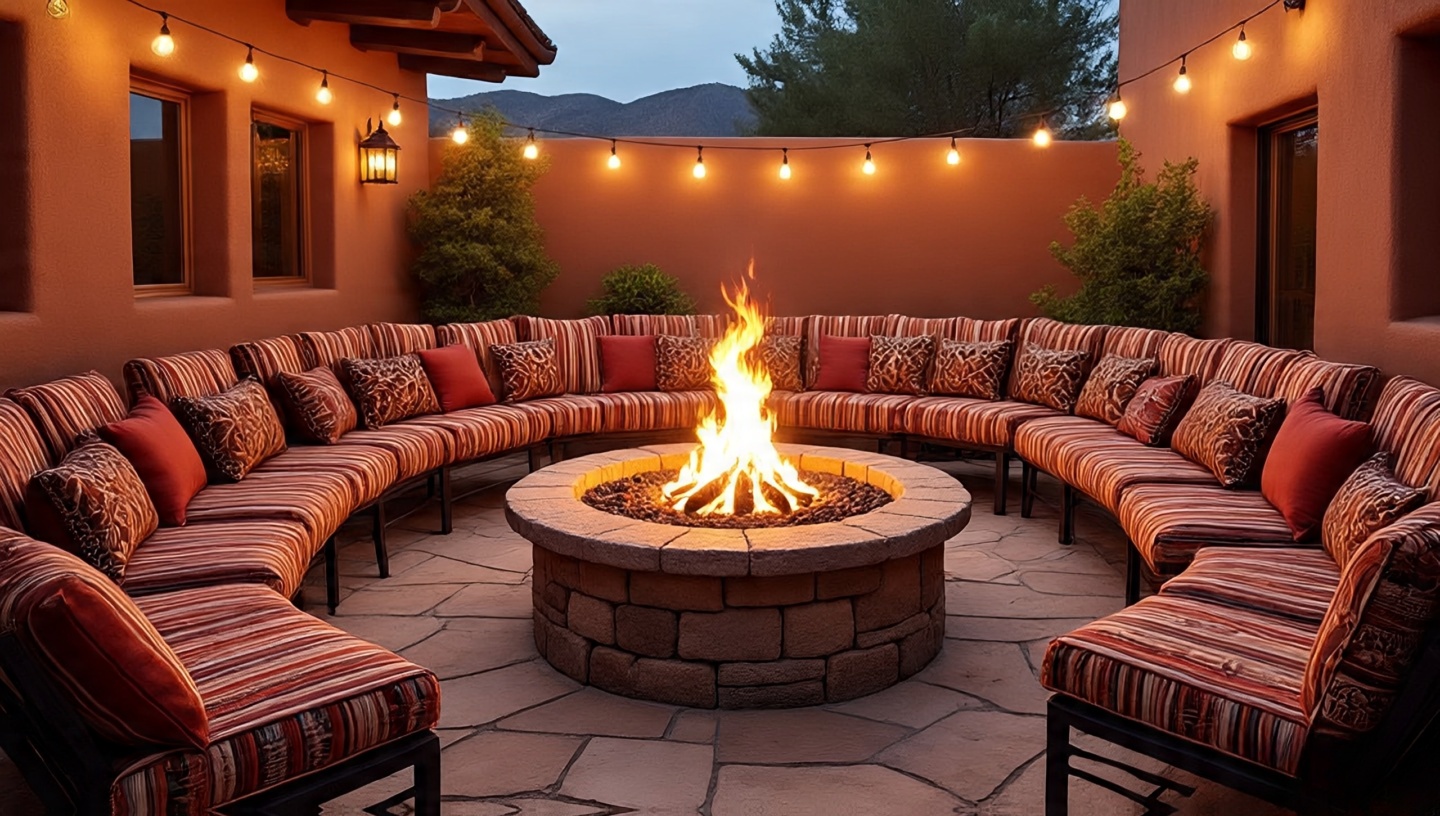 Traditional kiva fireplace in Southwestern patio setting with adobe finish and rustic seating