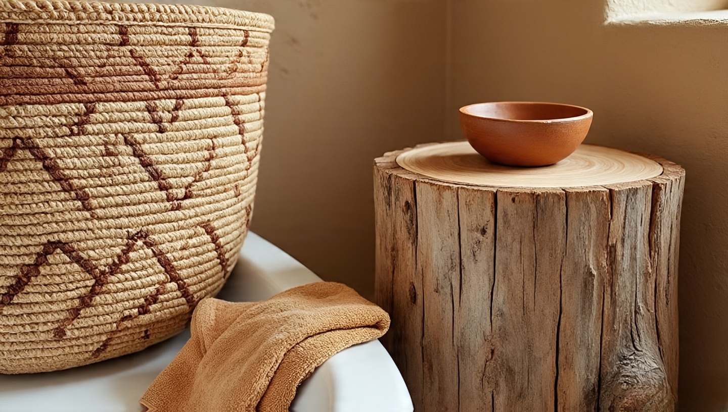 Close-up textures of woven basket, handmade clay soap dish and wooden stump stool in Southwestern bathroom