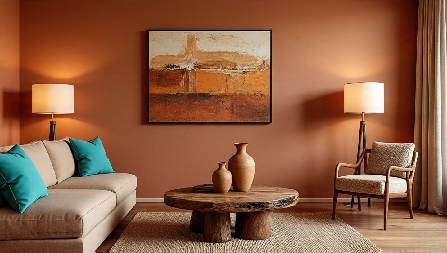 Modern Southwestern living room color palette with earthy tones, terracotta accents, and turquoise details