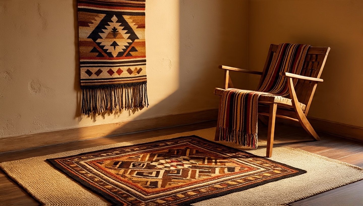 Layered rug setup with large jute base and smaller Navajo-patterned wool rug, striped throw, and woven wall hanging in a Southwestern small living room