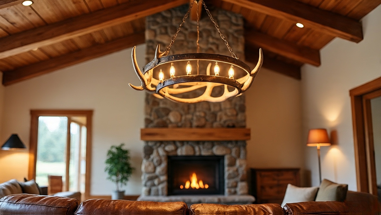Wide angle living room with a faux antler chandelier above a stone fireplace