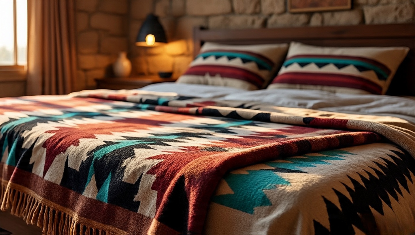 Wool blanket with Southwestern geometric pattern in desert red and turquoise layered over cotton sheets on a rustic wooden bed