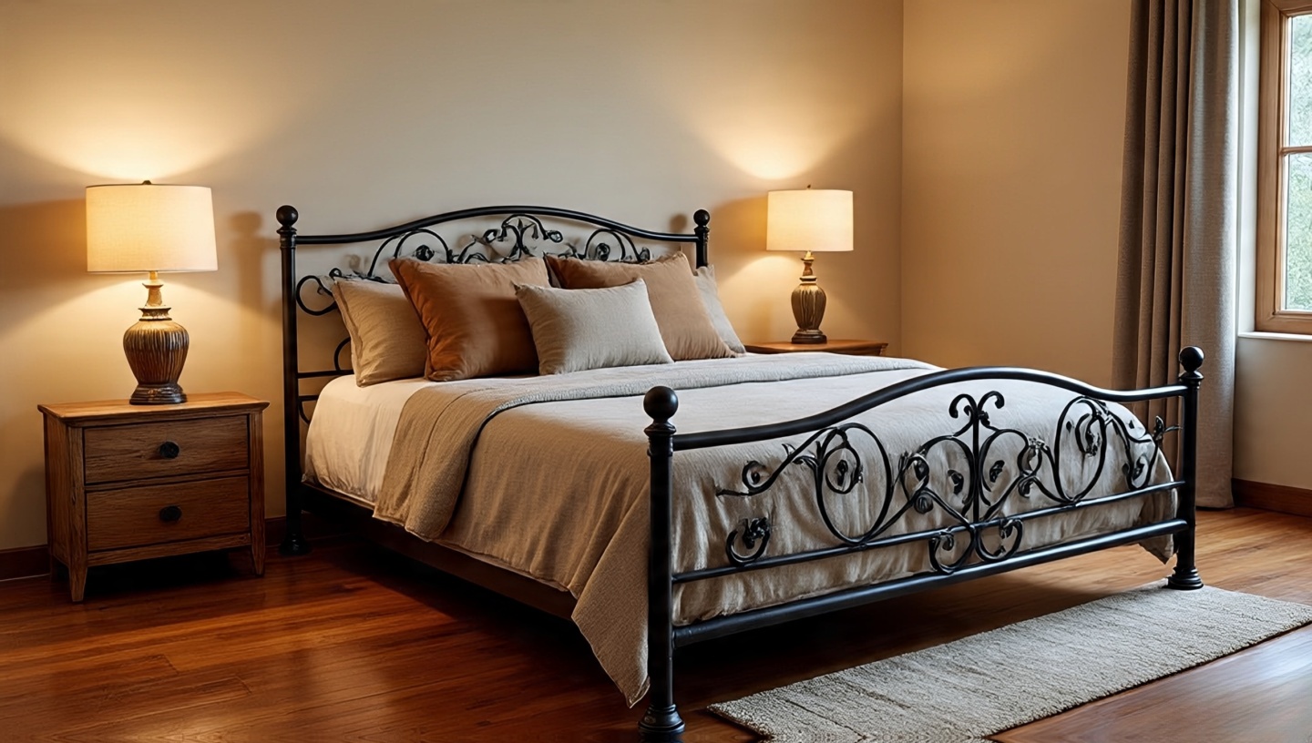 Wrought iron bed frame with Southwestern style in a cozy bedroom with layered textiles