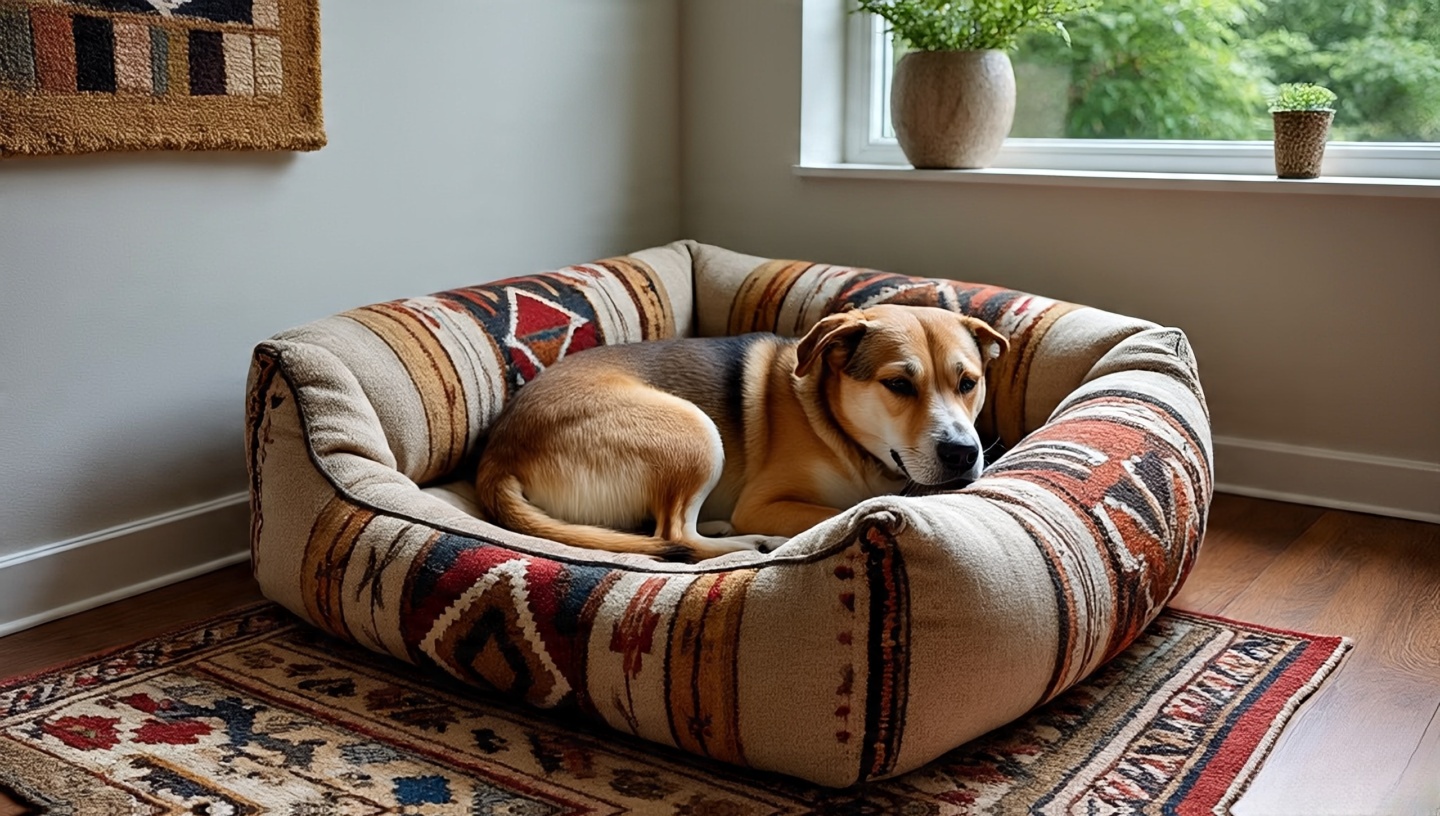Pet bed with Southwestern rug cover