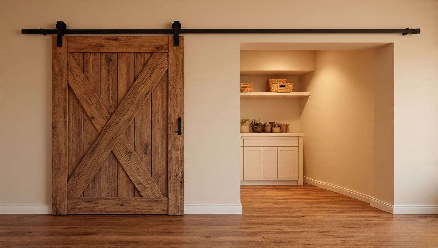 Rustic sliding barn door made from reclaimed wood with modern iron handles in Southwestern interior