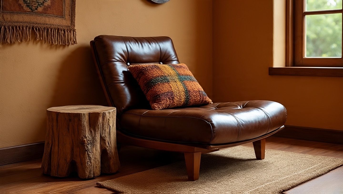 Low-profile leather lounge chair with woven pillow and stump side table