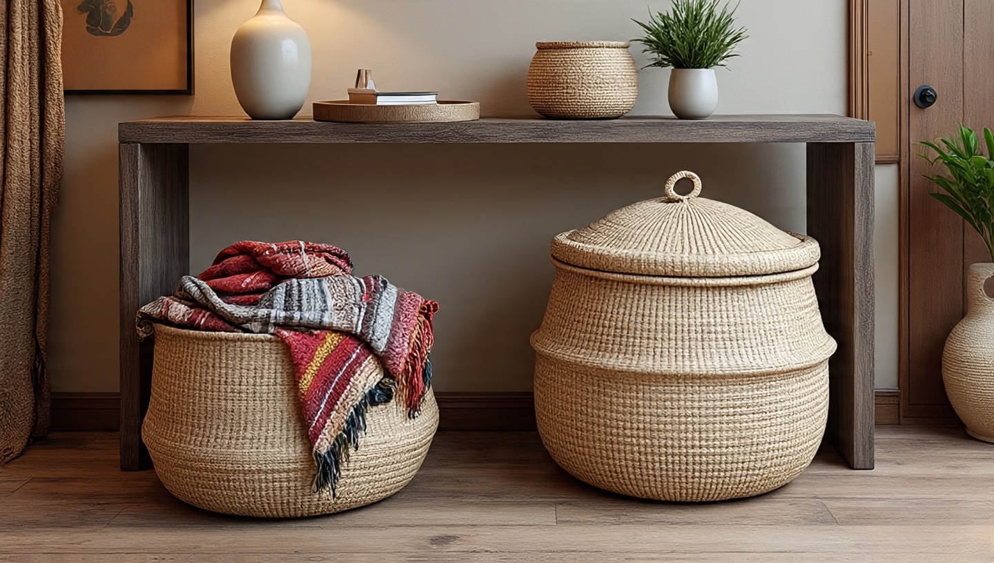 Large woven palm or seagrass baskets for blanket storage in a Southwestern living room