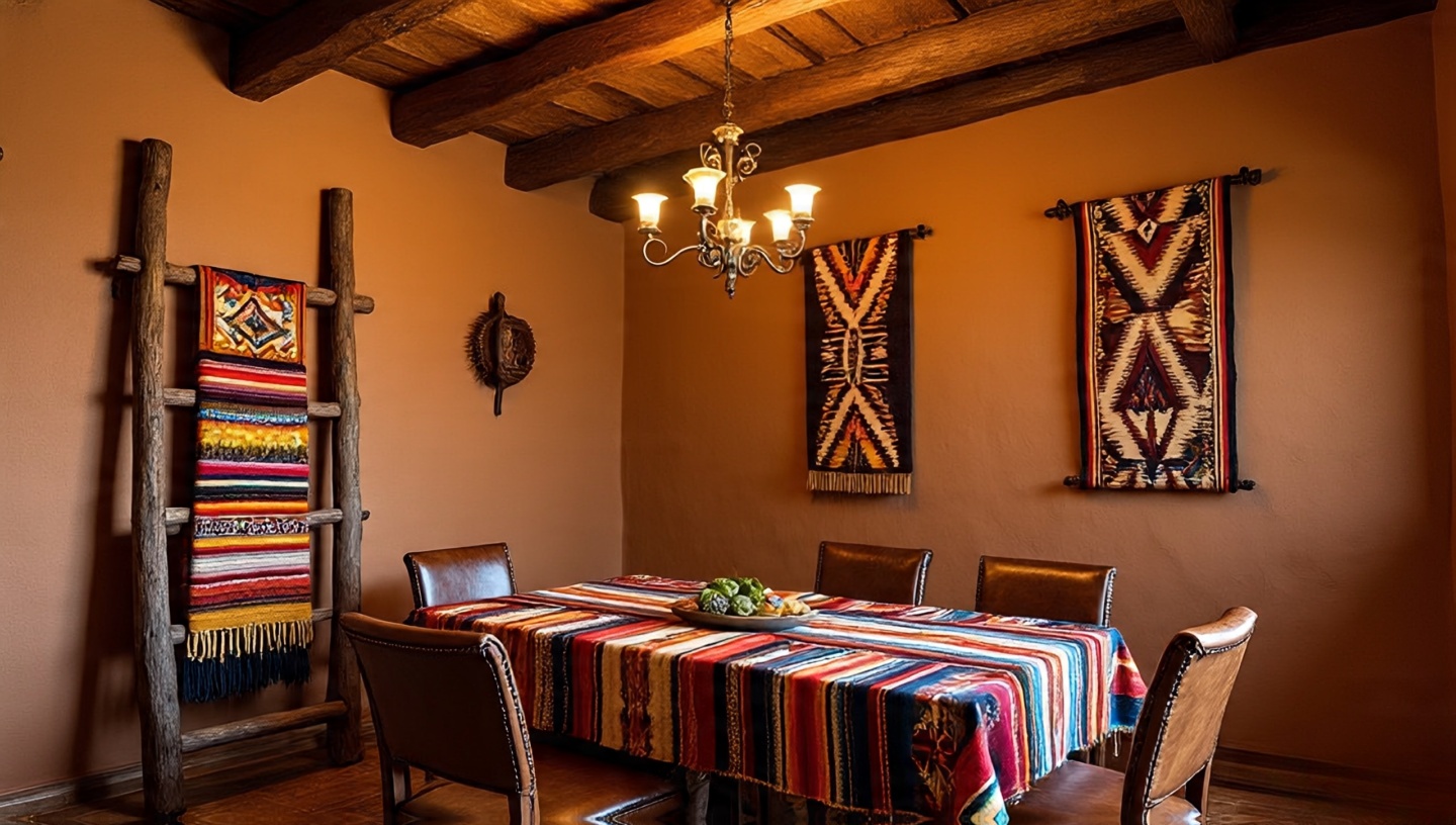 Southwestern dining room with a handcrafted wooden ladder used for blanket storage and decor