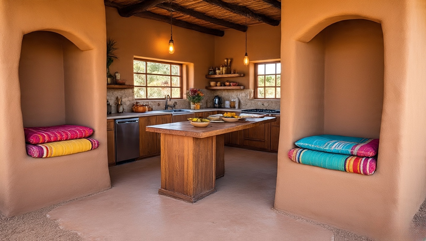 Built-in adobe bench with colorful cushions