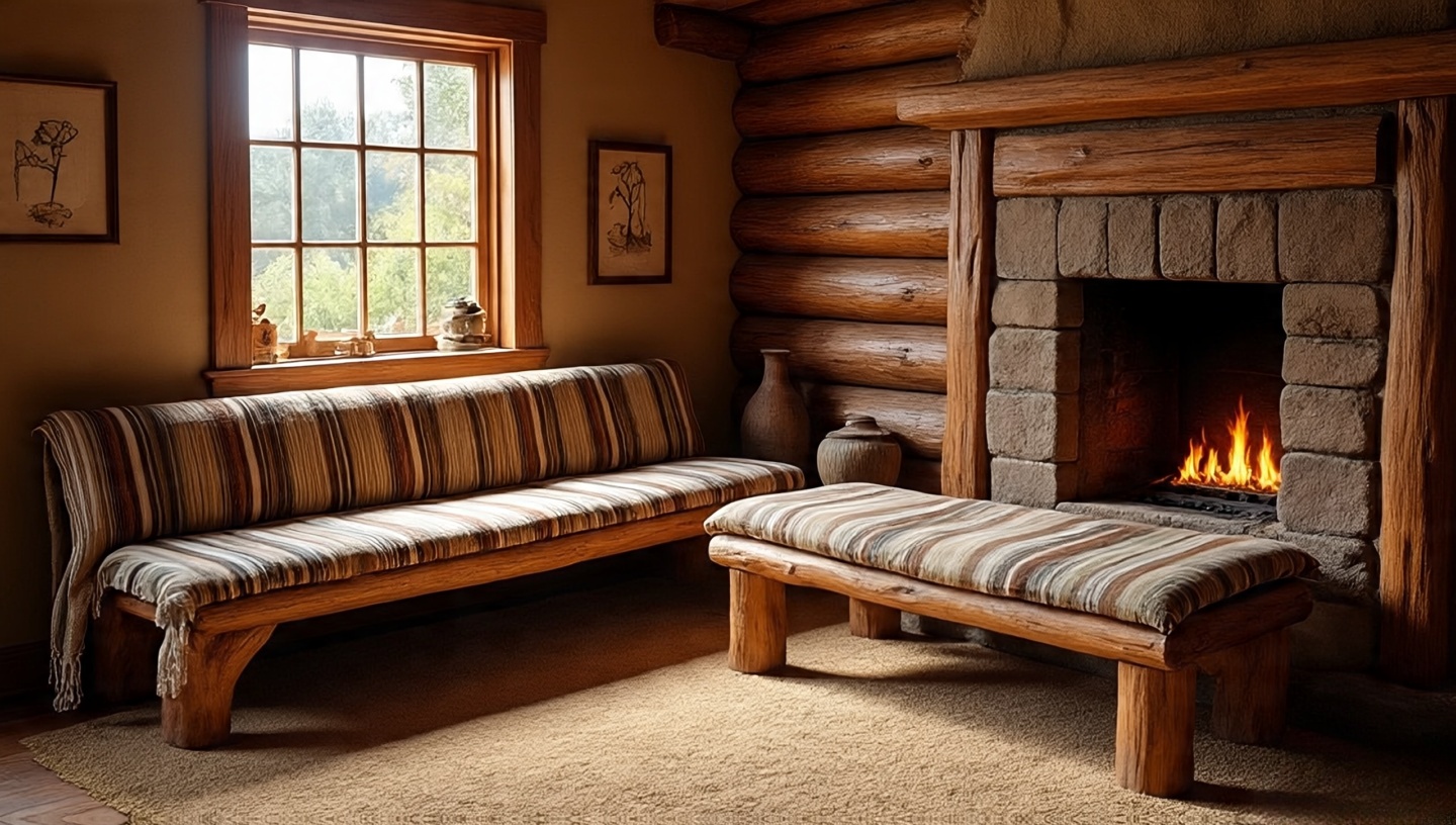 Knotty pine bench with striped textile cushion under window