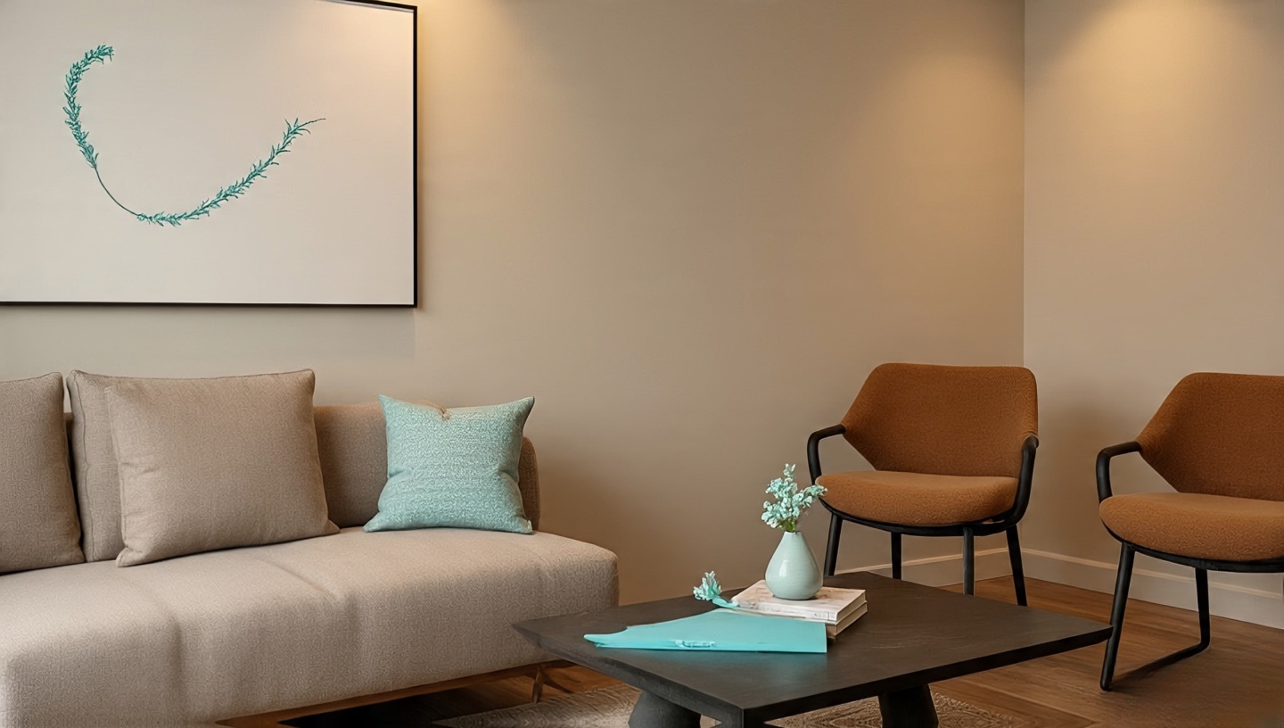 Subtle pops of turquoise in neutral living room through vase and throw pillow accents
