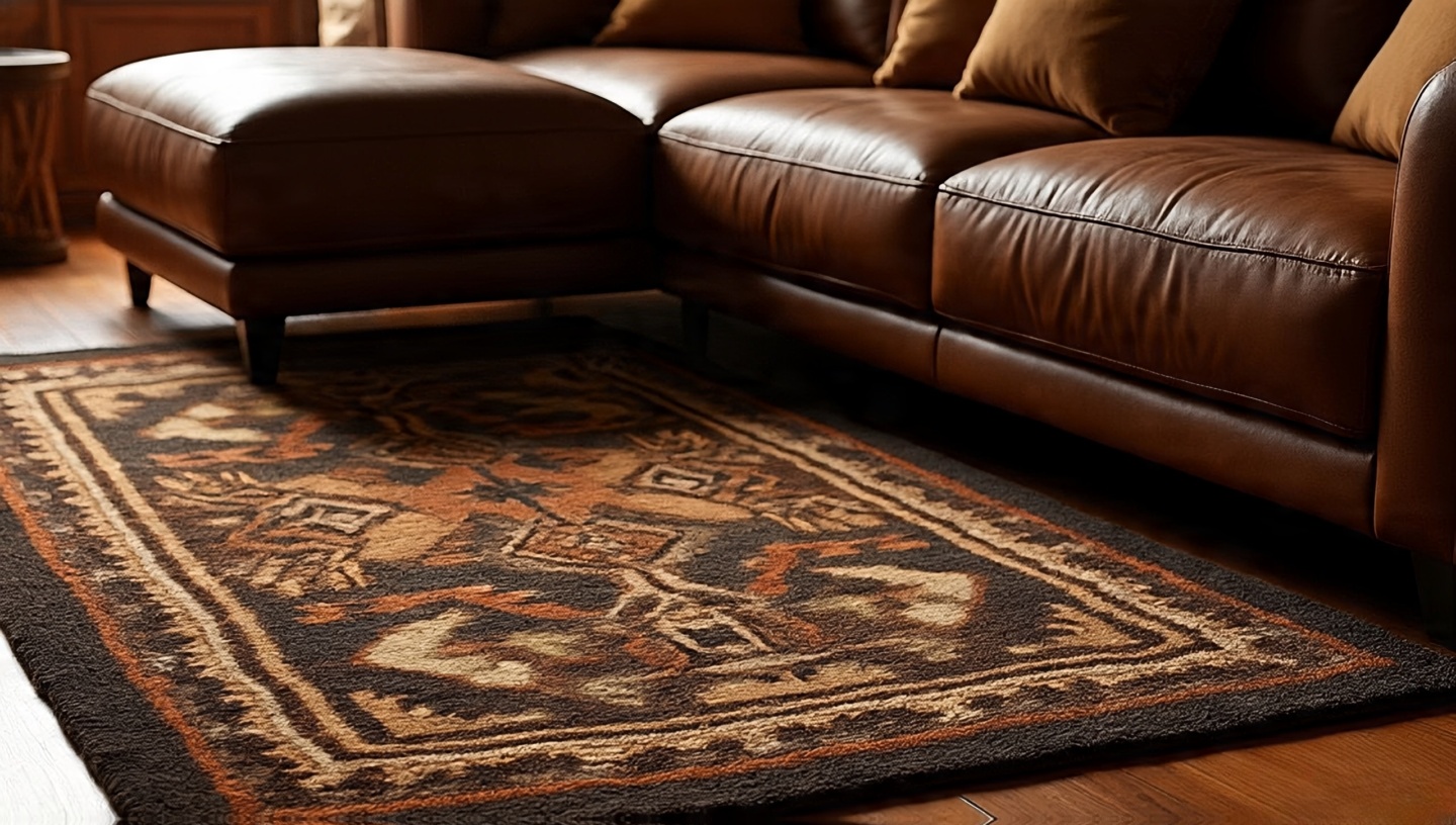 Wool Southwestern rug with leather sofa