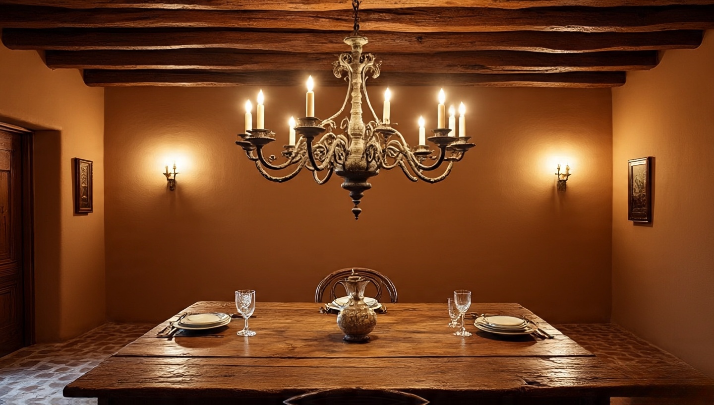 Evening dining room scene with a warm glow from a wrought iron chandelier