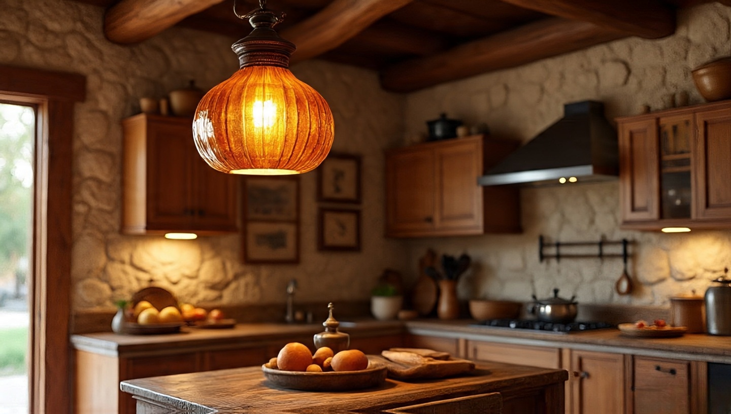 Amber glass pendant lights over a kitchen island