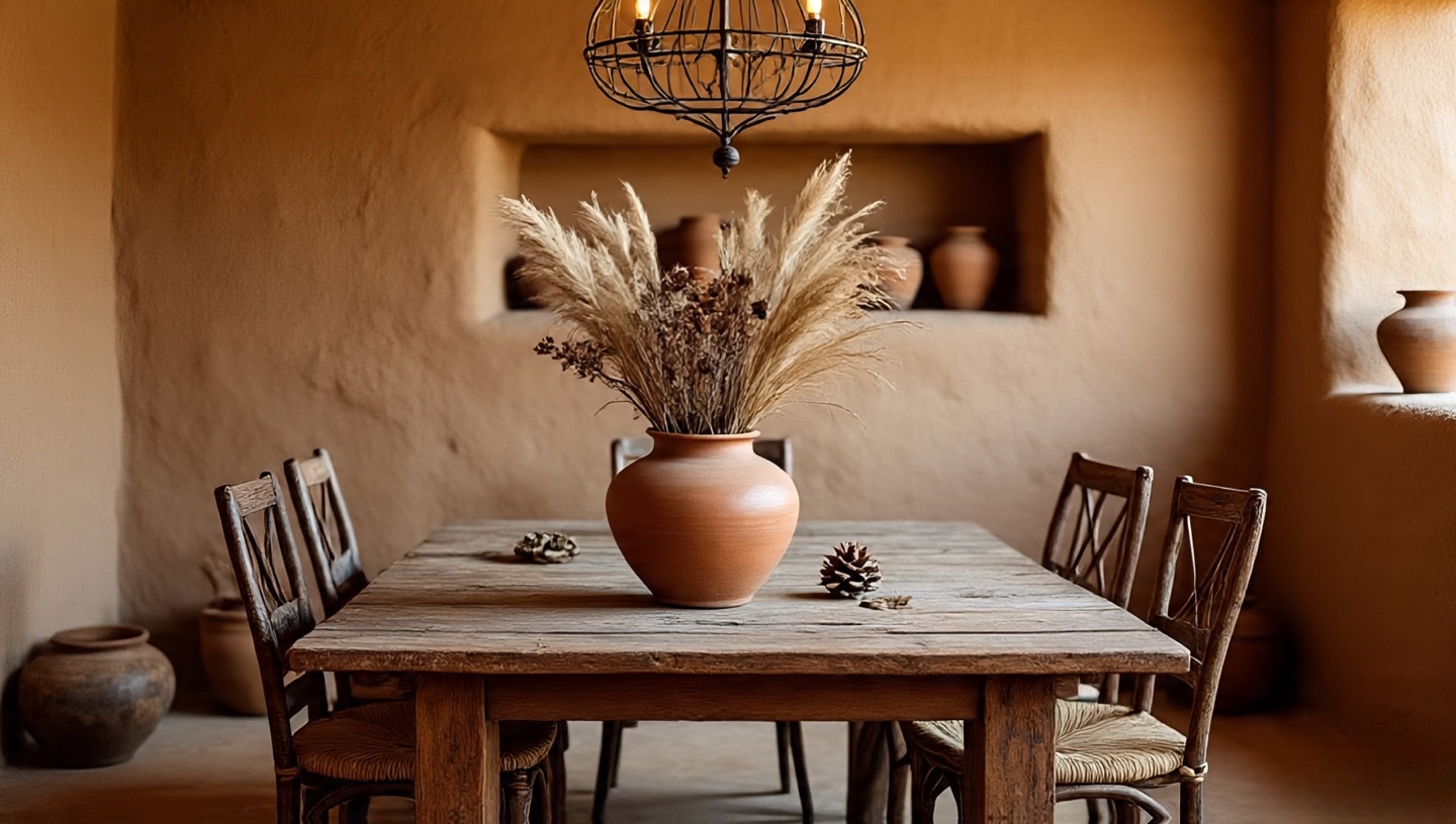 Rustic dining table styled with a desert-inspired centerpiece of succulents and dried elements