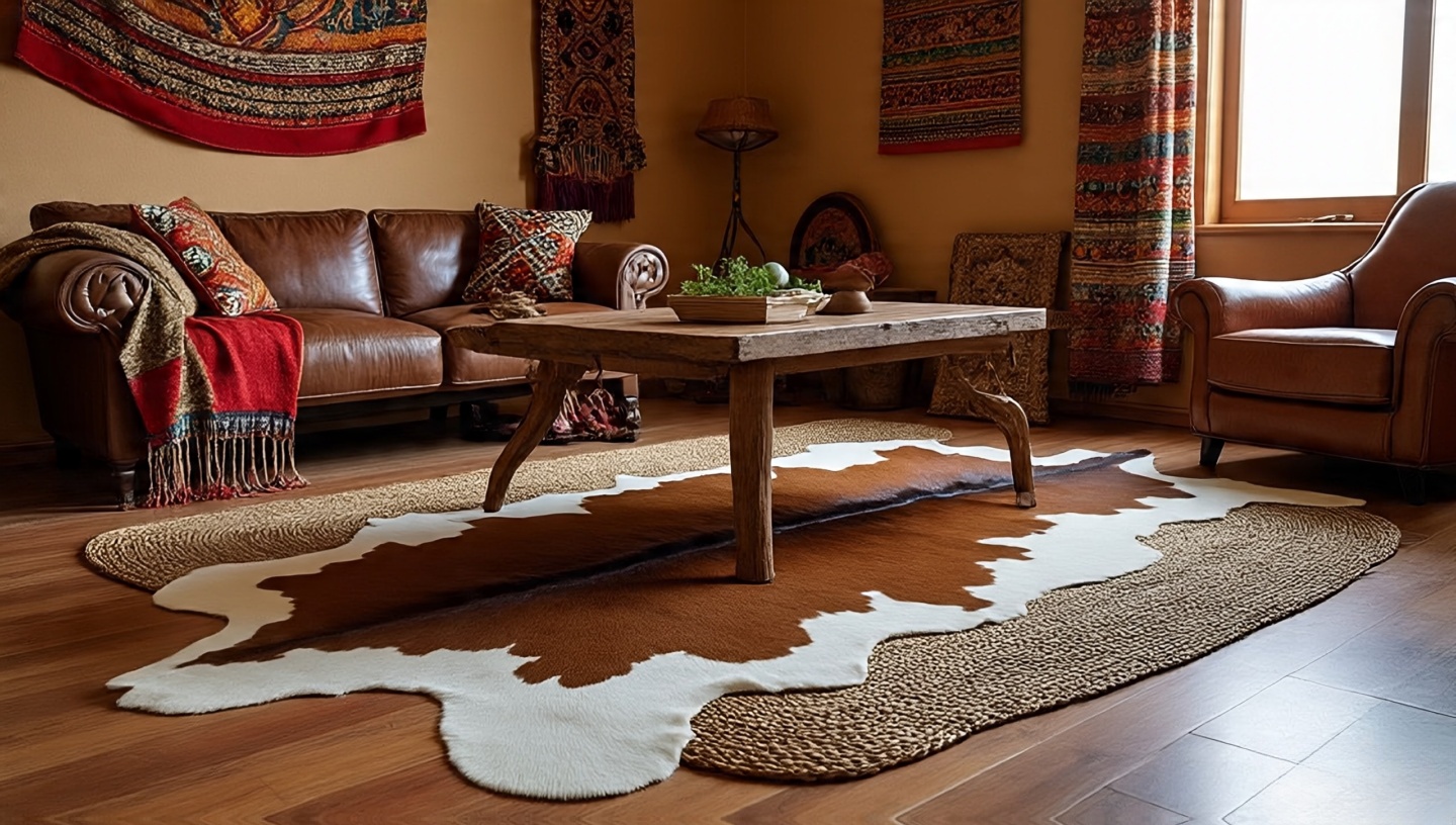 Cowhide rug layered over woven jute rug in living room