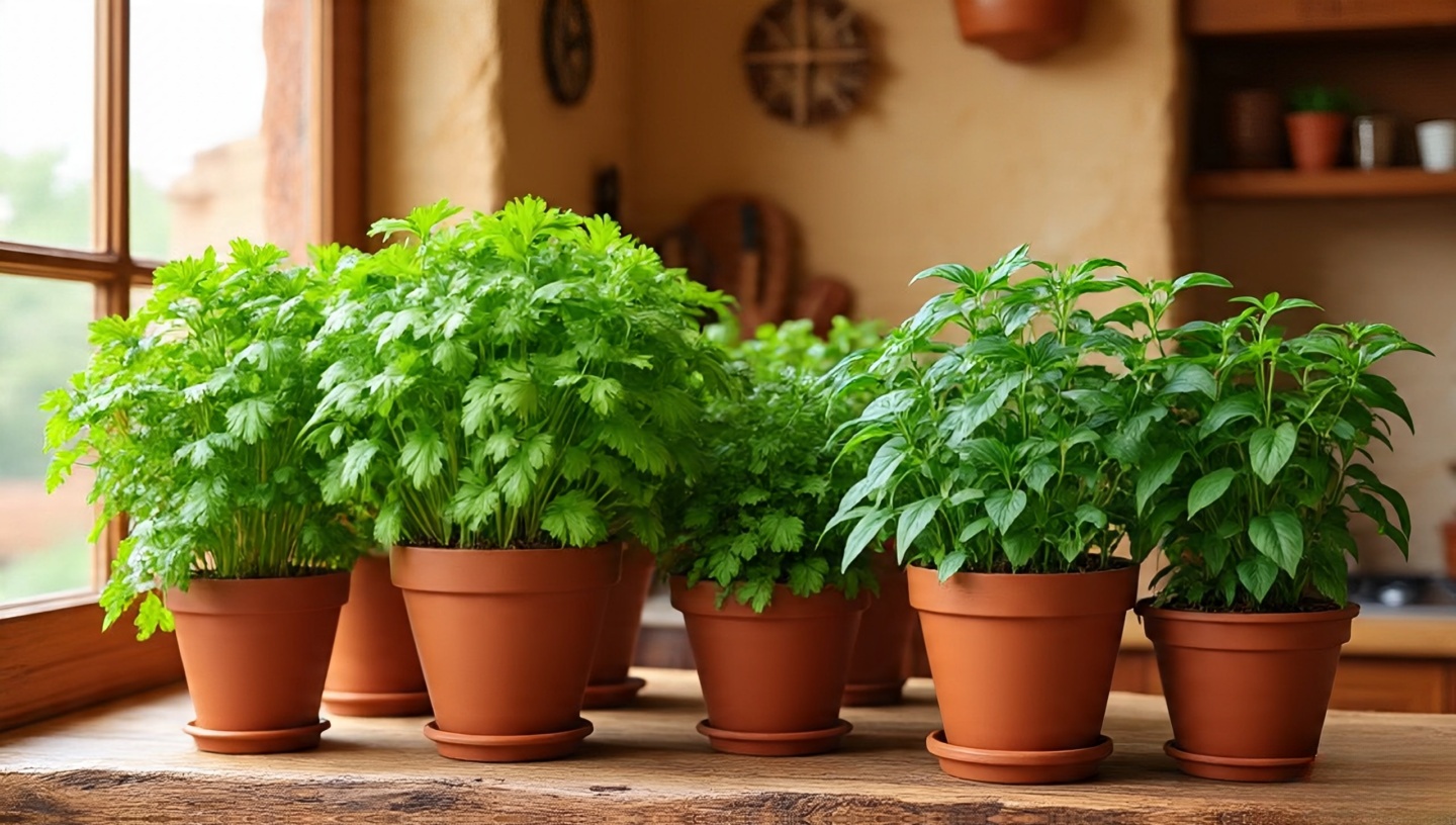 Terracotta pots with herbs on a sunny windowsill