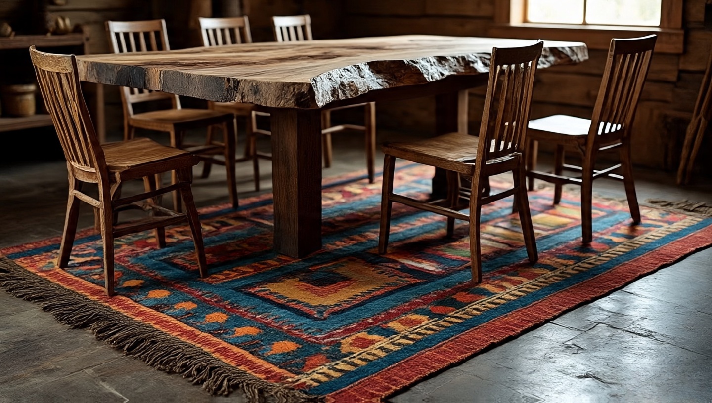 Woven Southwestern rug with raw wood furniture