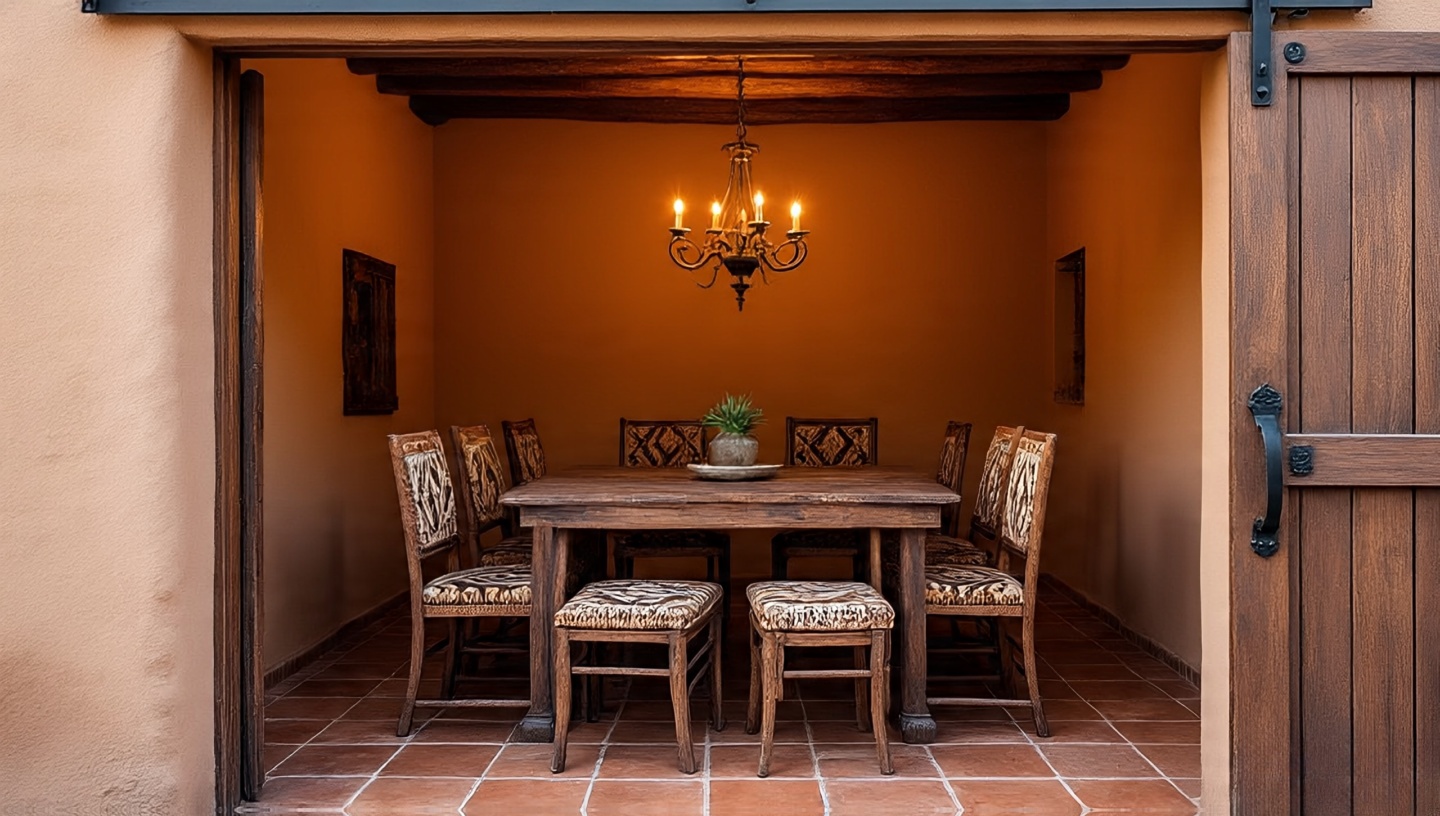 Perspective from just inside a dining room with sliding barn or adobe-style doors