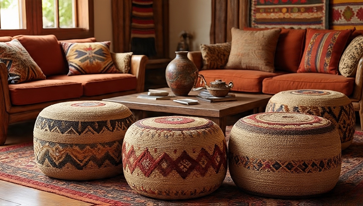 Woven jute and leather cube poufs at base of coffee table