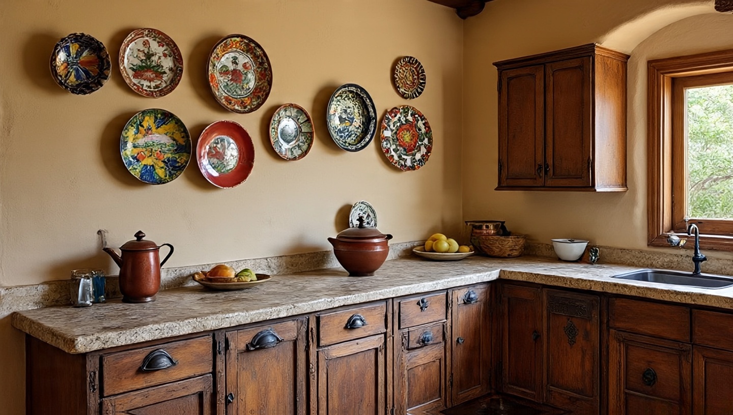 Smooth plaster walls paired with rough stone countertops